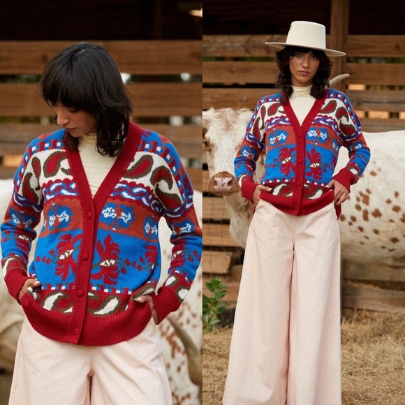 NWT Carolina K 100% Baby Alpaca Wool Sabina Bohemian Cardigan Cowboy Floral XS - Picture 1 of 15